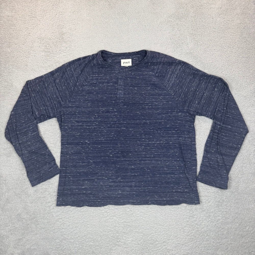 Pact Mens XL Blue Organic Cotton Space Dye Long Sleeve Raglan Henley Shirt